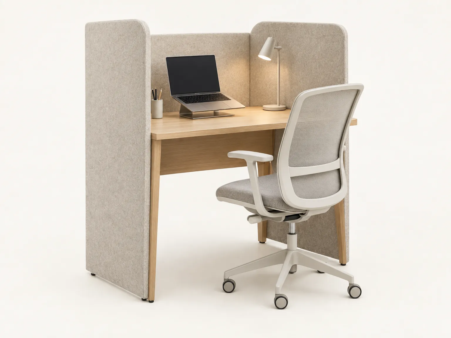 A private work desk with felt side panels